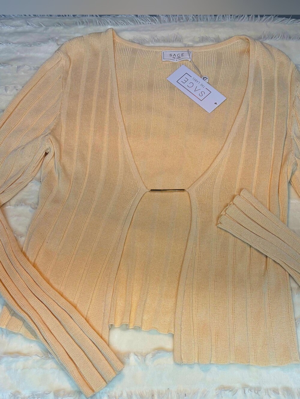 Sage Tan Ribbed V-Neck Sweater with Gold Bar Accent